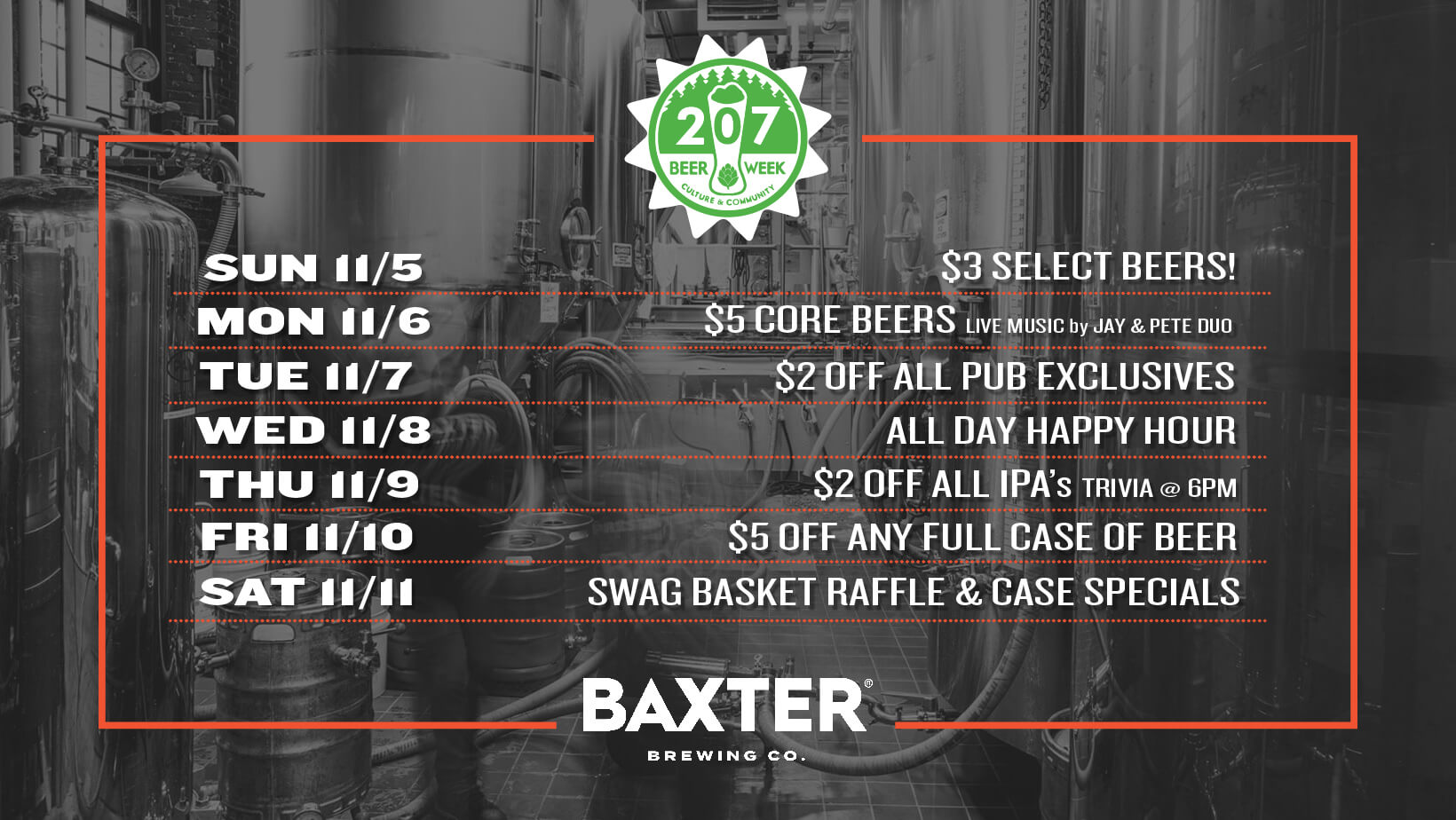 Image promoting 207 beer week at The Pub at Baxter Brewing.