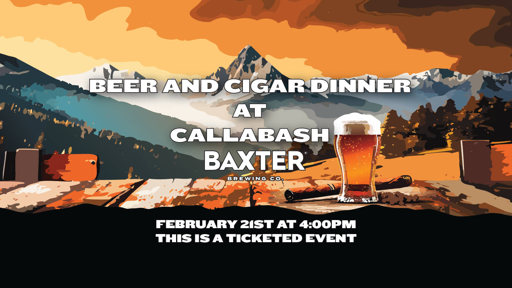 Image promoting a beer and cigar dinner at Callabash Cafe on February 21st.