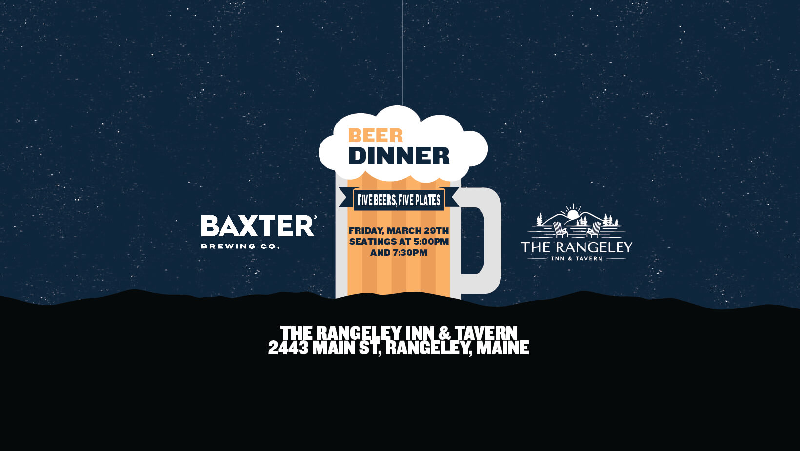 Image promoting a beer dinner at the Rangeley inn on March 29th.